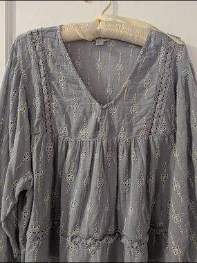 American Eagle Outfitters Slate Blue Embroidered Peasant Blouse